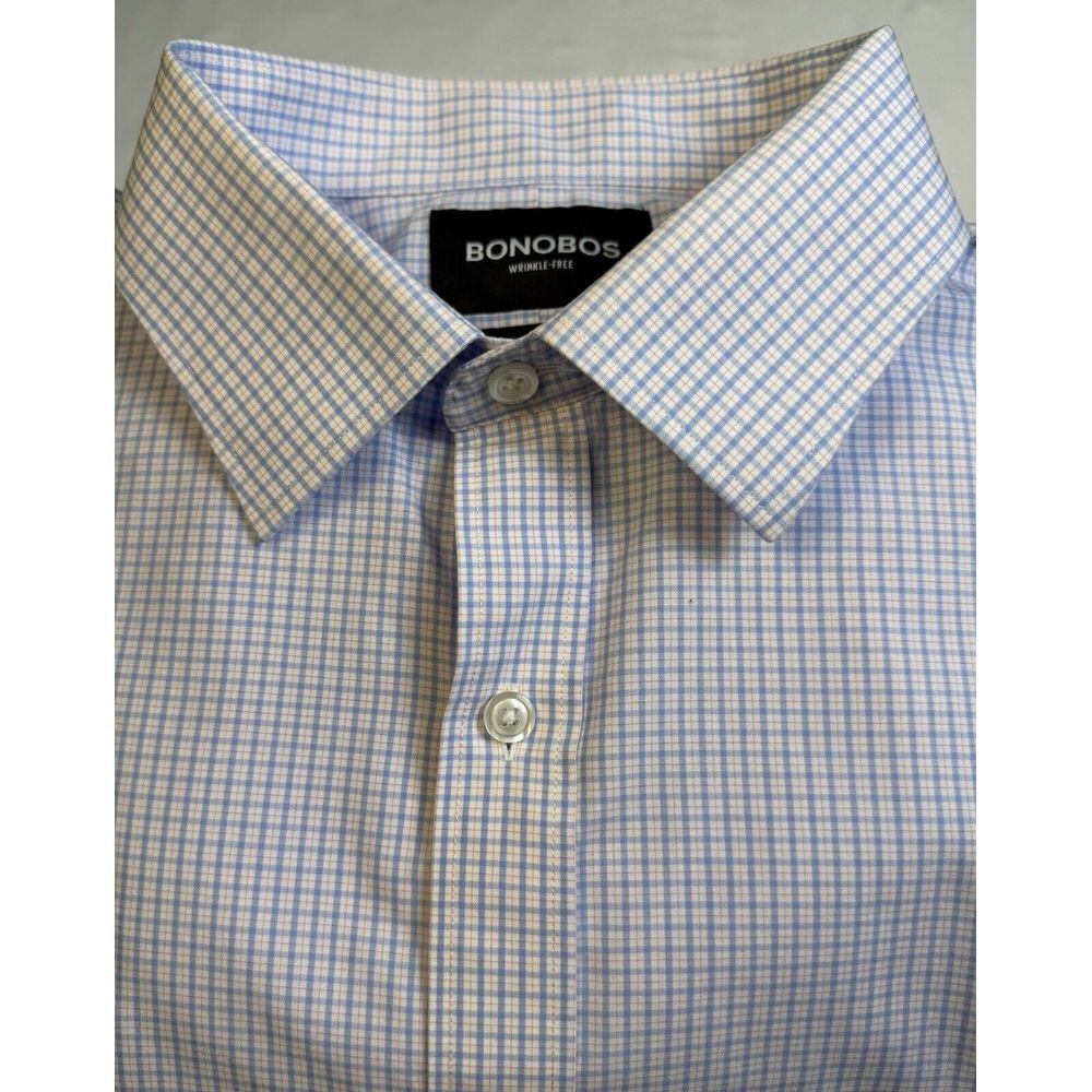 BONOBOS Tailored Fit Wrinkle Free Lt. Blue Check 100% Cotton Dress Shirt 17 - 36